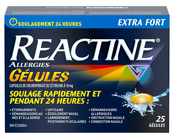 Une boîte de 25 capsules de Reactine Extra fort à 10 mg de chlorhydrate de cétirizine, un antihistaminique et médicament contre les allergies.